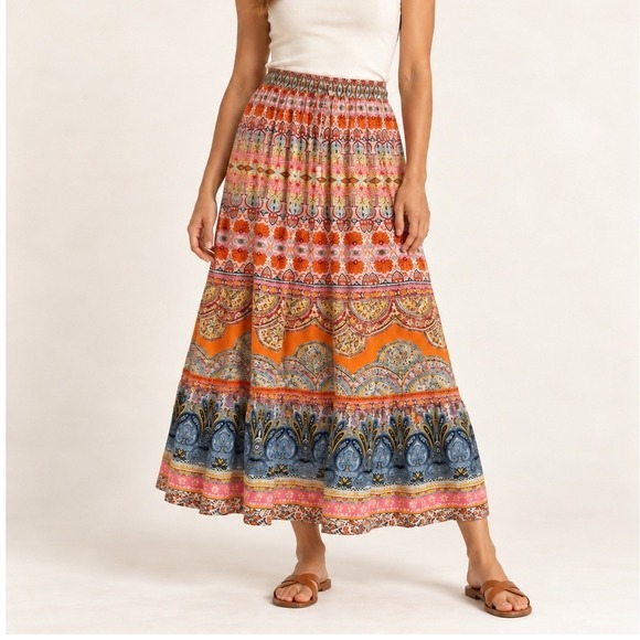 Rachel Zoe Dresses & Skirts - Rachel Zoe‎ Paisley Maxi Skirt Size M Est Orange Pink Boho Elastic Waist Viscose